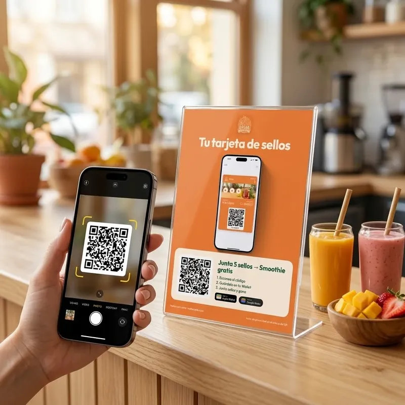 Cliente escaneando con su celular el código QR del cartel de Lealta en el mostrador