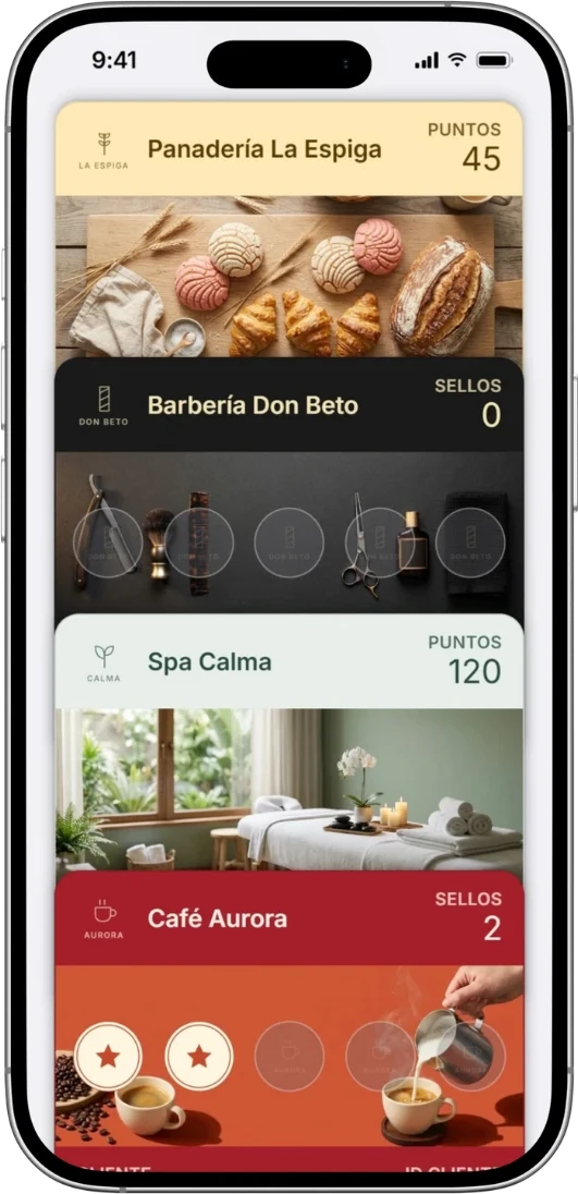 iPhone con tarjetas de sellos de varios negocios guardadas en la Wallet