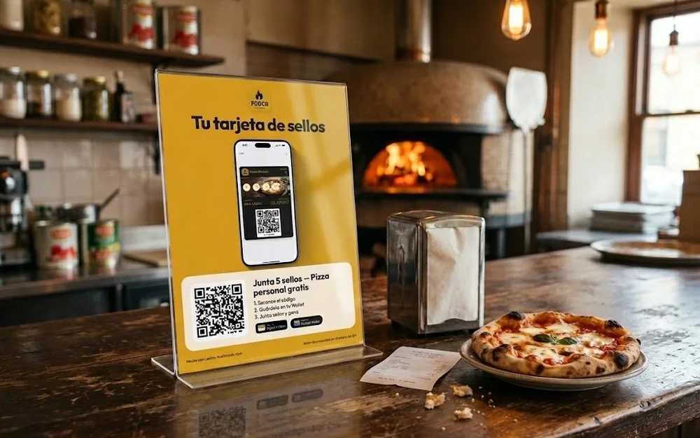 Cartel con el código QR de Lealta en el mostrador de Fuoco Pizzería