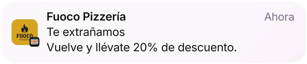 Notificación en el celular: Fuoco Pizzería te extraña y te manda un descuento